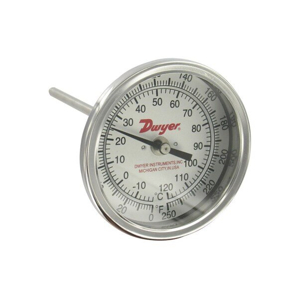 Bimetal thermometer, 5in dial, 6in stem L, range 50/550Deg F 10/290Deg C, 5Deg F 5Deg C div., Dwyer Instruments, Mfr#: BTA5607D